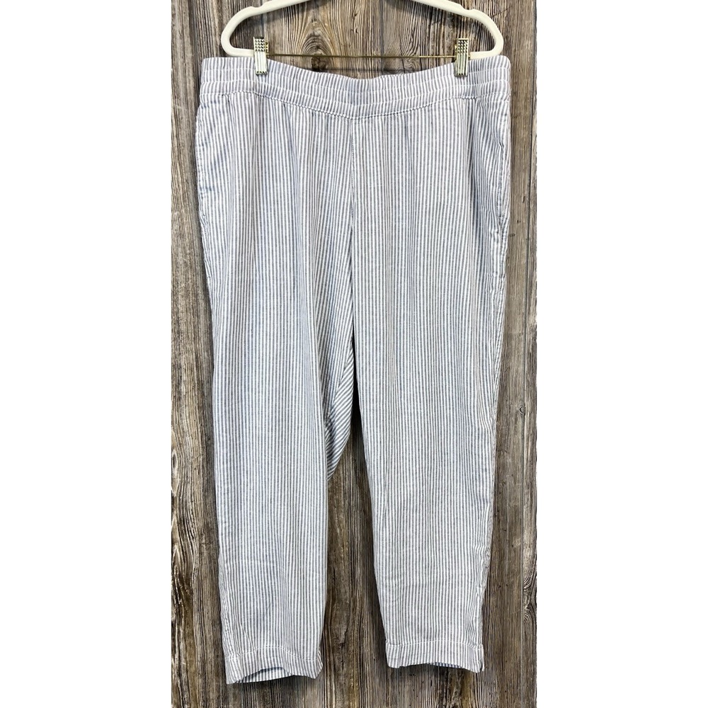 Old Navy Womens XL Straight Linen Blend Comfort Waistband Pants Grey Stripe
